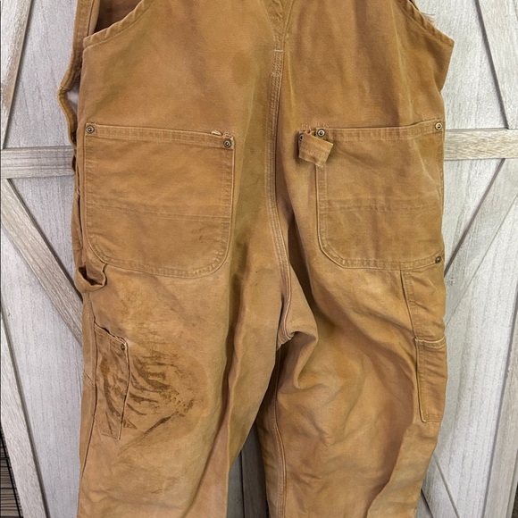 Thrashed vintage 80s or 90s carhartt unlined beige double knee duck overall bibs - Picture 8 of 11